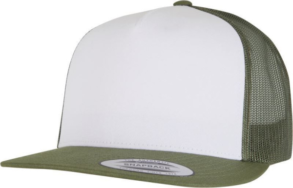 Čepice kšiltovka Snapback, FLEXFIT Yupoong Trucker, šíťkovaná, bílo-olivová